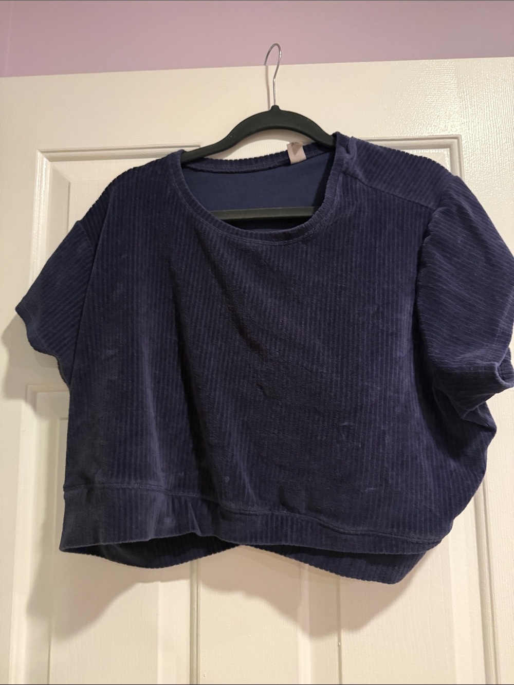 Women's Navy Corduroy Short Sleeve Boxy Top
